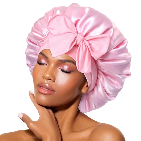 Bonnet de Nuit en Satin pour Femmes Avec Grand Noeud Entretien des Cheveux Bande Élastique Large Couleur Unie