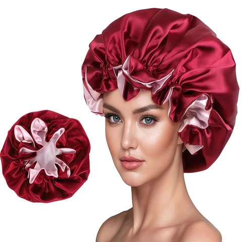 Gorro de Dormir de Satén de Doble Capa para Mujer Ajustable para Protección del Cabello Borde con Volantes Gorro Suave