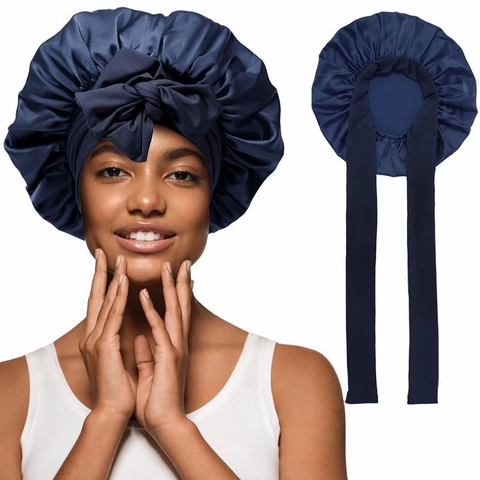 Cuffia da Notte in Satin Elastico per Donna Con Fiocco in Nastro Largo Morbido Cappello per la Cura dei Capelli