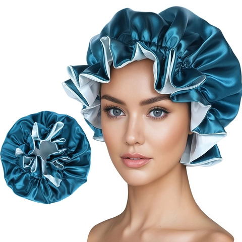 Gorro de Dormir de Satén de Doble Capa para Mujer Ajustable para Protección del Cabello Borde con Volantes Gorro Suave
