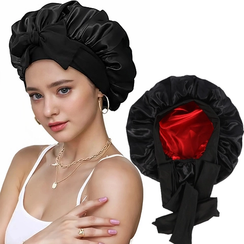 Double Layer Satin Sleep Bonnet With Wide Ribbon Bow Tie Reversible Hair Care Nightcap For Women Soft Silk Texture Head Wrap