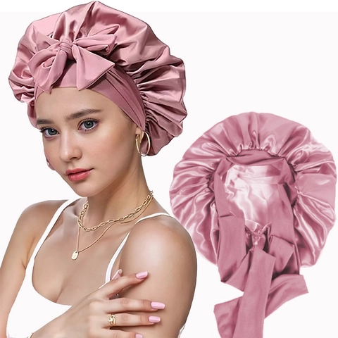 Double Layer Satin Sleep Bonnet With Wide Ribbon Bow Tie Reversible Hair Care Nightcap For Women Soft Silk Texture Head Wrap