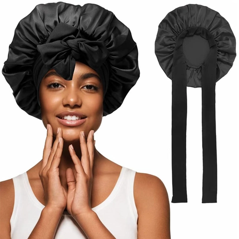 Cuffia da Notte in Satin Elastico per Donna Con Fiocco in Nastro Largo Morbido Cappello per la Cura dei Capelli
