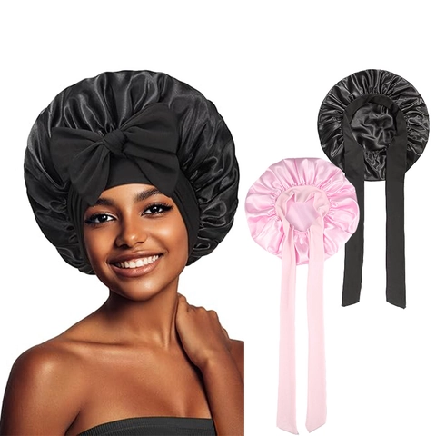 Bonnet de Nuit en Satin pour Femmes Avec Grand Noeud Entretien des Cheveux Bande Élastique Large Couleur Unie