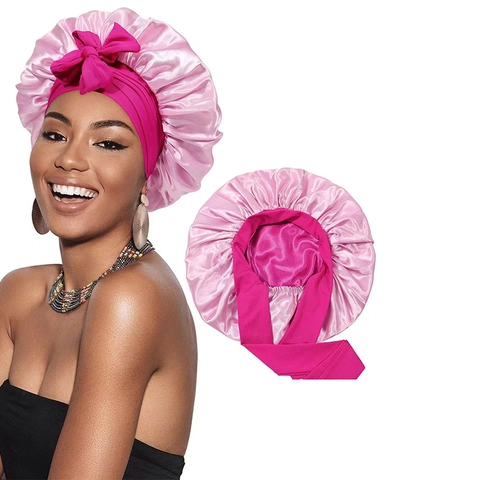 Women Double Layer Satin Sleep Bonnet Hair Care Wide Band Adjustable Ribbon Bow Night Cap Reversible Bonnet For Sleeping