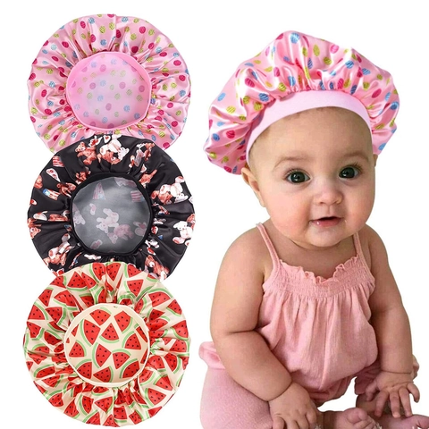 Kids Satin Sleeping Cap Soft Hair Care Night Bonnet Infant Toddler Floral Print Wide Elastic Band Head Wrap Round Hat