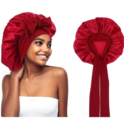Cuffia da Notte Grande in Satin Cura dei Capelli Berretto Con Cinturini Regolabili e Fiocco Fascia Elastica Larga per Donna Notte
