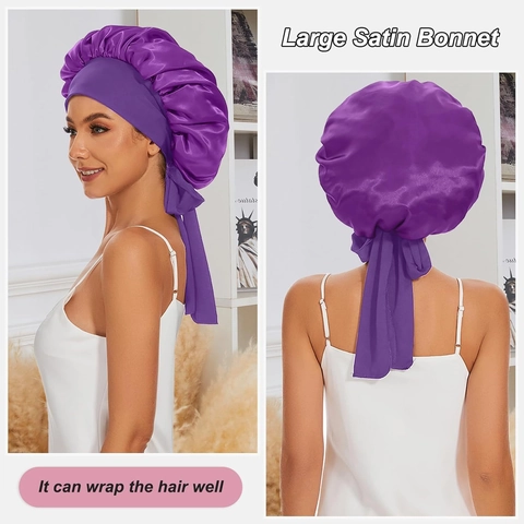 Cuffia da Notte Grande in Satin Cura dei Capelli Berretto Con Cinturini Regolabili e Fiocco Fascia Elastica Larga per Donna Notte