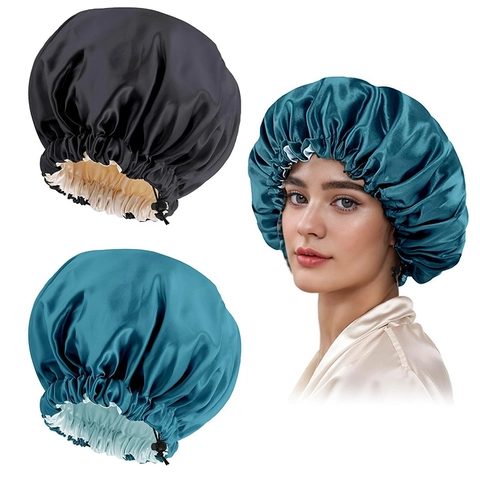 Cuffia da Notte Regolabile in Raso a Doppio Strato da Donna Morbida Protezione per Capelli Berretto da Bagno Tinta Unita