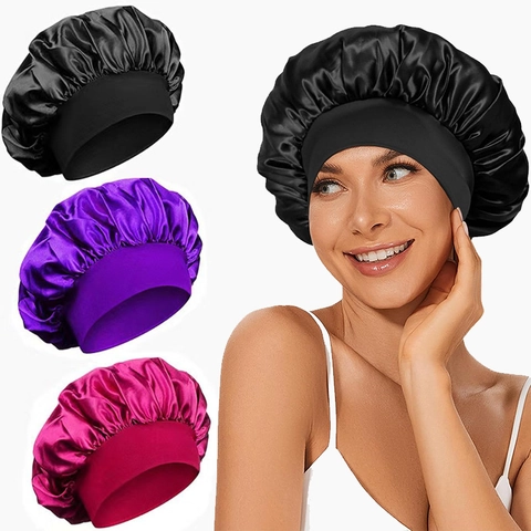 Damen Satin Schlafmütze Elastisches Breites Band Nachtmütze Zum Haarschutz Weiche Haarwickel Einfarbig Leopard Hüte