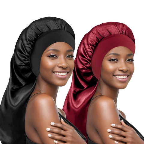 Lange Satin Slaapmuts Vrouwen Haaronderhoud Brede Elastische Band Beschermende Nachtmuts Voor Vlechten Krullend Haar Effen Kleur