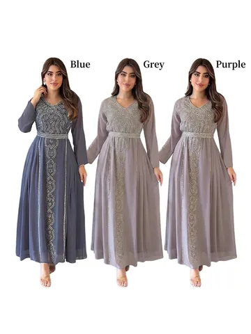 Elegant Chiffon Maxi Dress V-Neck Long Sleeve Ethnic Embroidery Hot-Fix Rhinestone Abaya Party Evening Kaftan With Belt
