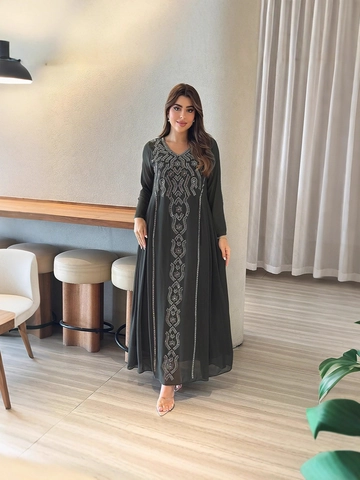 Elegant Chiffon Maxi Dress V-Neck Long Sleeve Ethnic Embroidery Hot-Fix Rhinestone Abaya Party Evening Kaftan With Belt