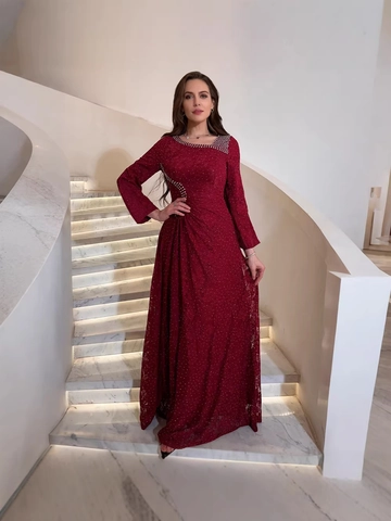 Damen Elegant Spitze Strass Maxi Kleid Langarm Rundhals Weinrot Abendkleid Bankett Party Formelle Kleid