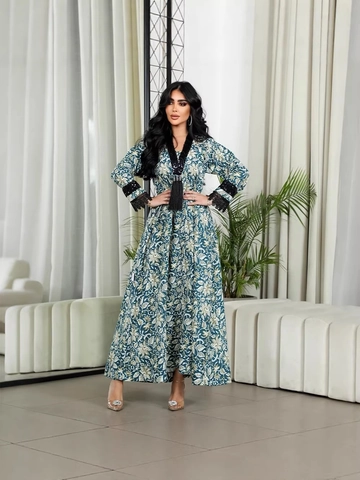 Dames V-hals Kwastjes Bloemenprint Maxi Jurk Lange Mouwen Kant Lovertjes Etnisch Kaftan Abaya Losjes Boheems Feestjurk