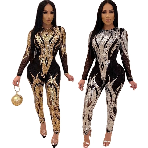 Combinaison Sexy Paillettes Femmes Manches Longues Maille Transparente Bodycon Motif Baroque Géométrique Soirée Banquet