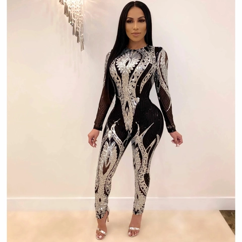 Combinaison Sexy Paillettes Femmes Manches Longues Maille Transparente Bodycon Motif Baroque Géométrique Soirée Banquet