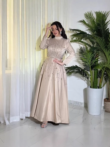 Elegant Satin Muslim Evening Gown Beaded Sequins 3D Floral High Neck Puff Sleeve Formal Maxi Dress For Banquet Wedding Women