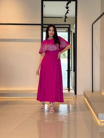 Elegante Magenta Cape Maxi Jurk Voor Vrouwen Glanzende Strass Avondfeest Lange Toga Stijlvolle Polyester Modejurk