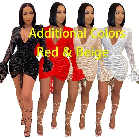 Robe Courte Femme Paillettes Plumes Sexy Col en V Profond Manches Longues Coulisse Plissée Ajustée Soirée Bodycon