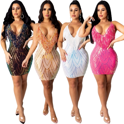 Women Sexy Deep V Halter Sequin Fringe Mini Dress Bodycon Backless Geometric Pattern Party Club Evening Vestidos