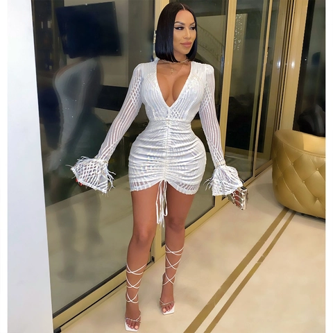 Robe Courte Femme Paillettes Plumes Sexy Col en V Profond Manches Longues Coulisse Plissée Ajustée Soirée Bodycon