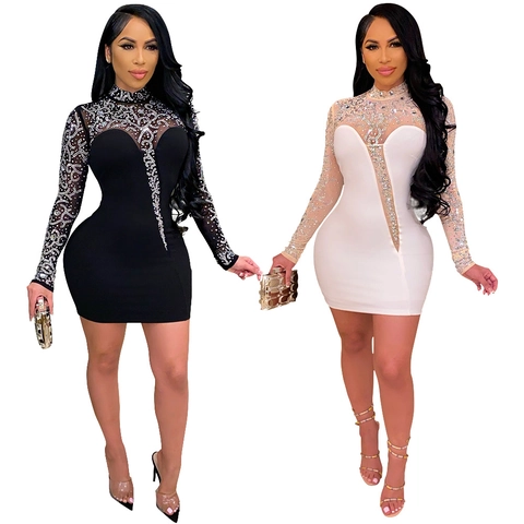 Sexy Rhinestone Mesh Sheer Patchwork Bodycon Mini Dress High Neck Long Sleeve Glamorous Party Evening Formal Dress