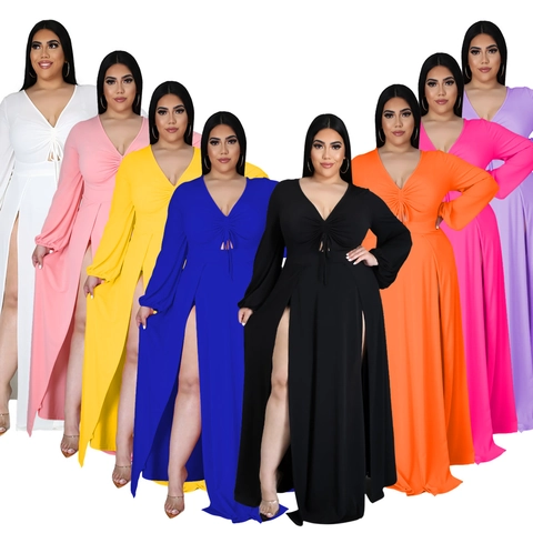 Women Plus Size Sexy Deep V Neck Long Sleeve Drawstring Side Slit Maxi Dress Solid Color Elegant Banquet Party Clubwear