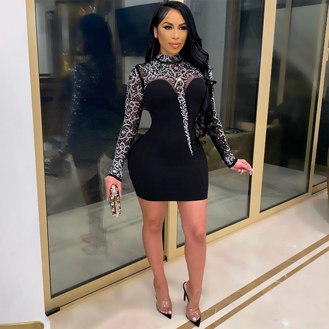 Sexy Rhinestone Mesh Sheer Patchwork Bodycon Mini Dress High Neck Long Sleeve Glamorous Party Evening Formal Dress