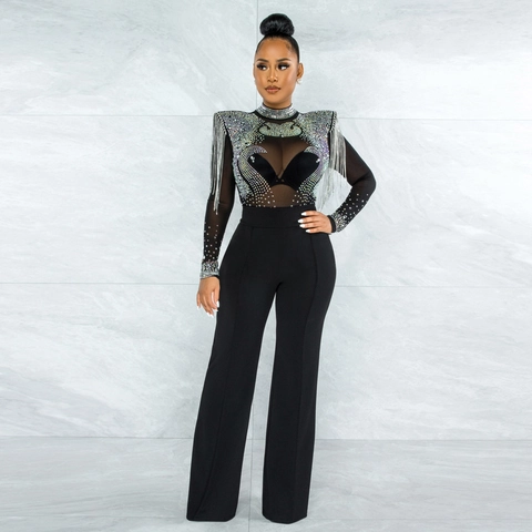 Women Sexy Sheer Mesh Patchwork Rhinestone Jumpsuit Long Sleeve Tassel Padded Shoulder High Waist Wide Leg Party Clubwear