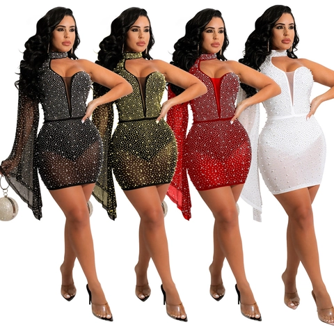 Robe Sexy Femme Asymétrique Manche Cloche Strass Mini Robe Dos Nu Moulante Künstliche Perle Maille Patchwork Club Fête Soirée