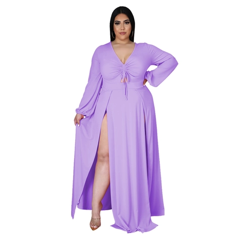 Women Plus Size Sexy Deep V Neck Long Sleeve Drawstring Side Slit Maxi Dress Solid Color Elegant Banquet Party Clubwear