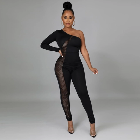 Women Sexy Black One Shoulder Jumpsuit Long Sleeve Mesh Patchwork Rhinestone Slim Fit Party Romper Skinny Jumpsuit