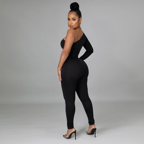 Women Sexy Black One Shoulder Jumpsuit Long Sleeve Mesh Patchwork Rhinestone Slim Fit Party Romper Skinny Jumpsuit
