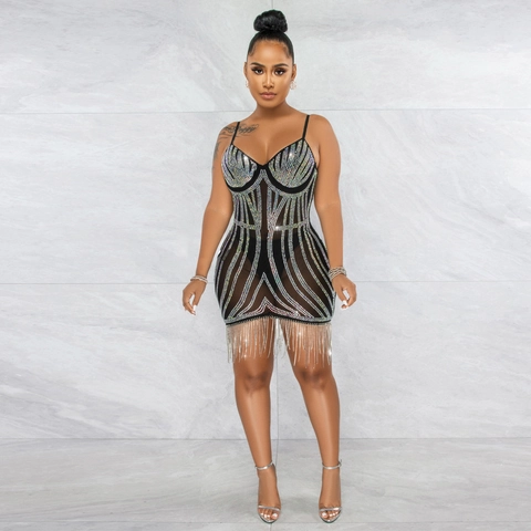 Sexy Dames Rhinestone Tassel Cami Jurk Mesh V-hals Bodycon Nachtclub Party Mini Jurk Glinsterende Franje Avond Clubwear