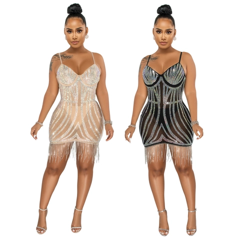 Sexy Dames Rhinestone Tassel Cami Jurk Mesh V-hals Bodycon Nachtclub Party Mini Jurk Glinsterende Franje Avond Clubwear