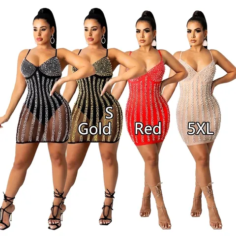 Women Sexy Rhinestone Artificial Pearl Mini Dress Mesh Spaghetti Strap V-Neck Bodycon Short Party Dress Red Gold Black Beige