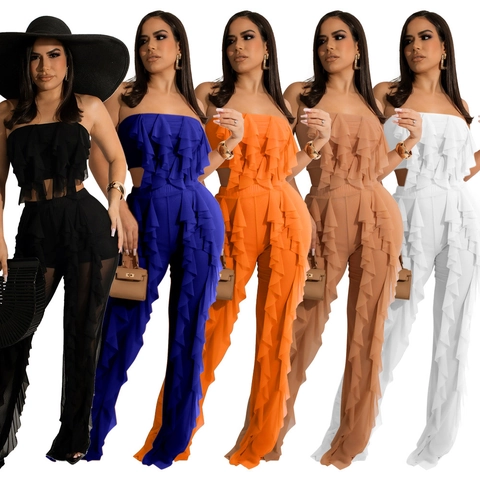 Women Fashion Ruffle Tube Top And Mesh Wide Leg Pants Solid Color Casual Vacation Summer Beachwear Elegant Outfit