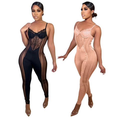 Dames Sexy Kant Mesh Patchwork Jumpsuit Spaghettibandjes V-hals Doorschijnend Slim Fit Bodycon Lange Broek Elegant Playsuit