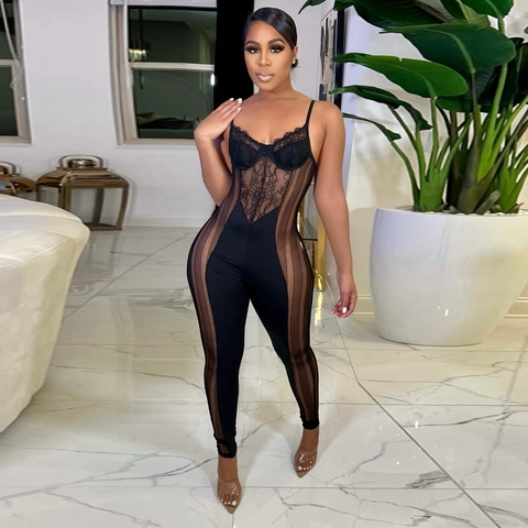 Dames Sexy Kant Mesh Patchwork Jumpsuit Spaghettibandjes V-hals Doorschijnend Slim Fit Bodycon Lange Broek Elegant Playsuit