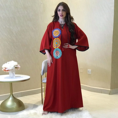 Women Sequin Embroidered Kaftan Abaya V Neck Tether Loose Casual Maxi Dress Middle Eastern Ethnic Long Sleeve Robe