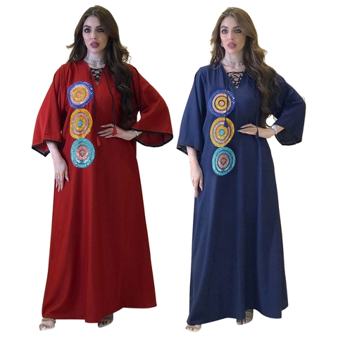 Women Sequin Embroidered Kaftan Abaya V Neck Tether Loose Casual Maxi Dress Middle Eastern Ethnic Long Sleeve Robe