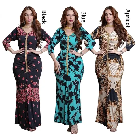 Damen Elegant Slim Fit Bedrucktes Maxikleid Kaftan Abaya Langarm V-Ausschnitt Pailletten Fischschwanz Abendkleid