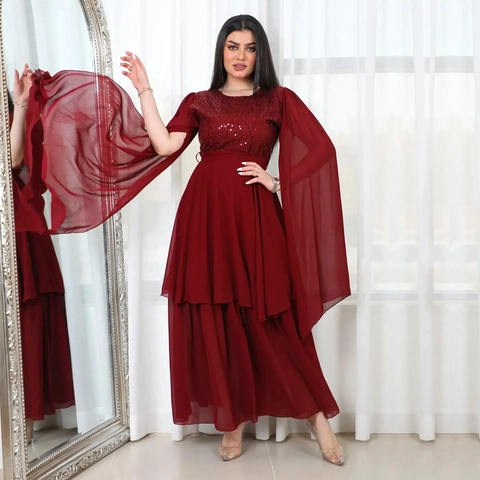 Women Elegant Sequin Artificial Pearl Chiffon Muslim Evening Gown With Belt Cape Sleeve Layered Maxi Party Wedding Dress