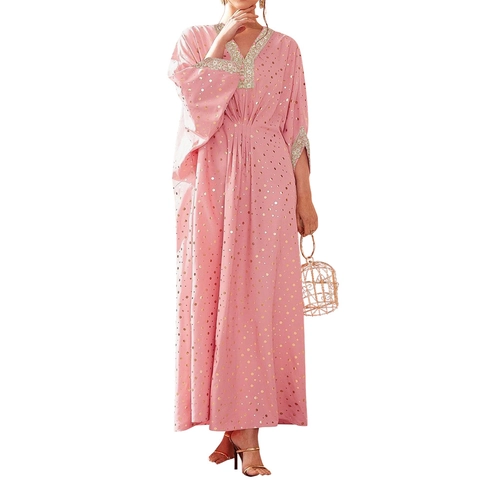 Damen Rosa Kaftan Maxikleid Goldfolie Punktiert V-Ausschnitt Stickerei Fledermausärmel Elegant Ethnisch Party Kleider