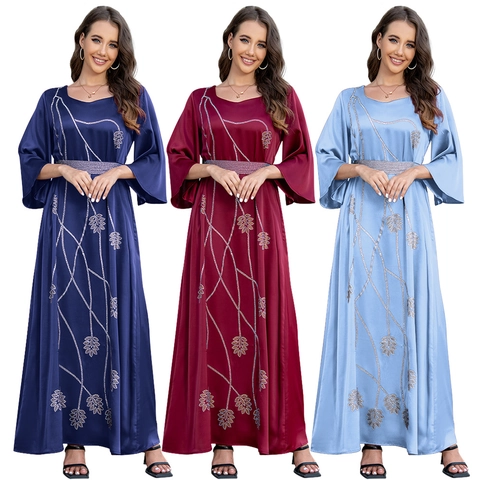 Women Satin Maxi Dress Rhinestone Leaf Pattern Elegant Bell Sleeve Abaya Kaftan Party Evening Formal Gown Belt