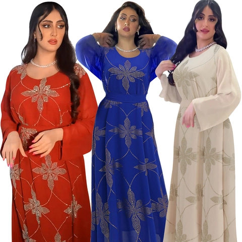 Elegante Abito Lungo Abaya Kaftan Etnico in Chiffon con Strass e Fiocco di Neve Cintura Manica Lunga Musulmana da Sera