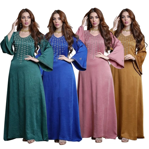 Elegantes Damen V-Ausschnitt Glockenärmel Maxikleid Mit Pailletten Strass Stickerei Naher Osten Kaftan Abaya Langes Partygewand