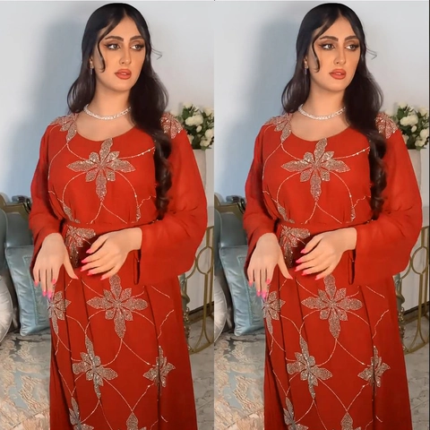 Elegante Abito Lungo Abaya Kaftan Etnico in Chiffon con Strass e Fiocco di Neve Cintura Manica Lunga Musulmana da Sera