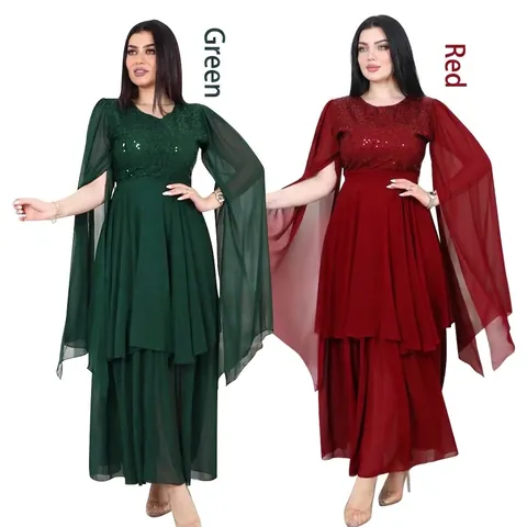 Women Elegant Sequin Artificial Pearl Chiffon Muslim Evening Gown With Belt Cape Sleeve Layered Maxi Party Wedding Dress